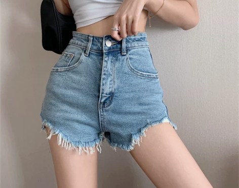 新款高腰不规则毛边复古阔腿牛仔短裤子潮夏季...