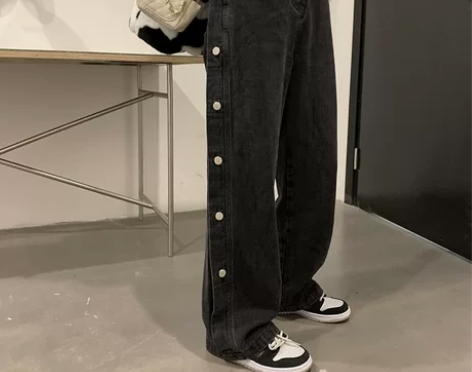 港风ins复古排扣牛仔裤女春秋大码胖mm高...