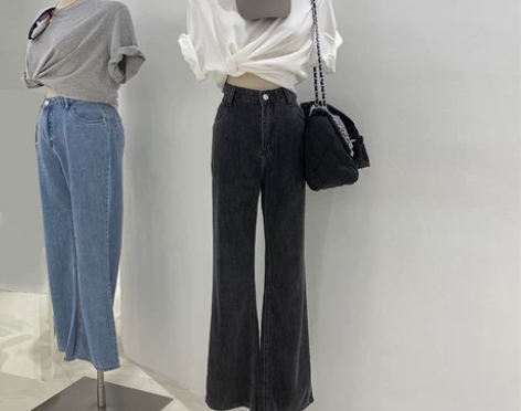 灰色牛仔裤女ins潮阔腿港风个性 复古高腰...