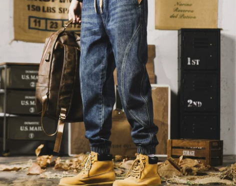 牛仔裤男 牛仔裤子美式重磅复古哈伦束脚工装...