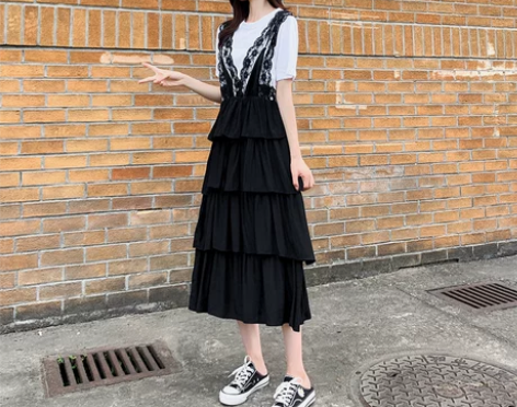 2022新款女装夏假两件长款连衣裙女蕾丝拼...