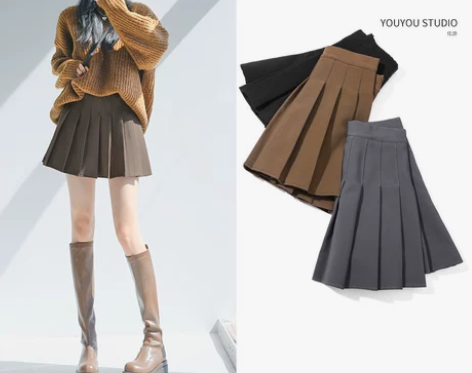 灰色高腰百褶裙女秋冬2022新款防走光小个...