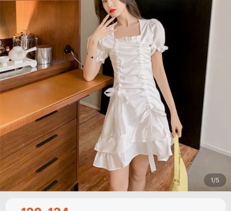 法式修身连衣裙，纯白色，M码可穿，泡泡袖，...