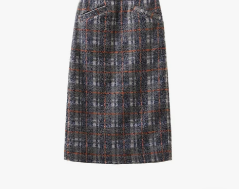 慢茶粗花呢格子半身裙2022秋冬中长款挺括...