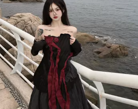 韩米莱裙子韩系风格复古港风穿搭黑色赫本风高...