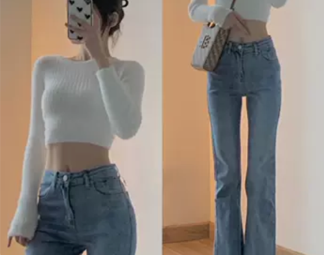 浅蓝色高腰牛仔裤设计感小众早春2022新款...