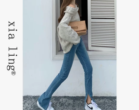 港风显高微喇叭牛仔裤女2022春装新款高腰...