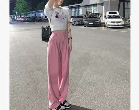 粉色休闲裤女夏季裤子女2022新款薄款百搭...
