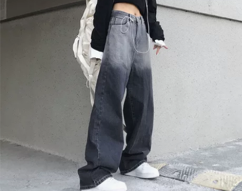 高腰牛仔裤女秋冬韩版ins渐变色直筒阔腿裤...