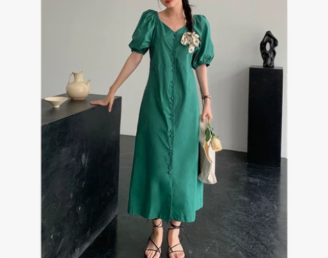 爱蔷薇大码胖mm炸街连衣裙V领女夏绿色裙子...