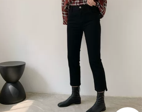 秋季新款 黑色烟灰色松紧腰修身显瘦小开叉女...