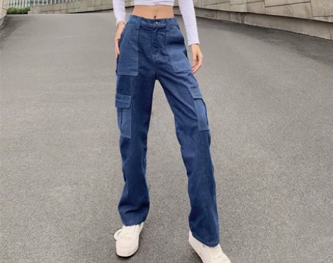 秋冬帅气百搭深蓝色多口袋工装牛仔裤女直筒宽...