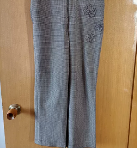 千鸟格裤子复古女格子裤女阔腿裤直筒裤刺绣加...