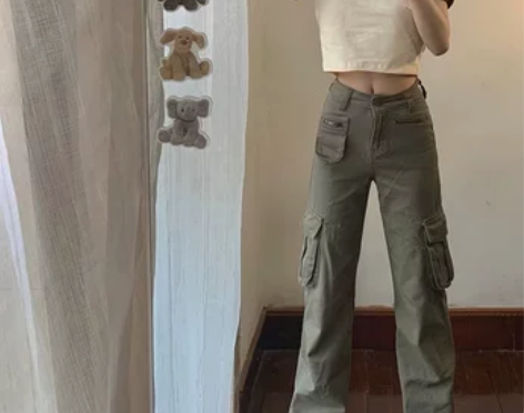 欧美式复古绿色工装裤子女夏季高街vibe风...