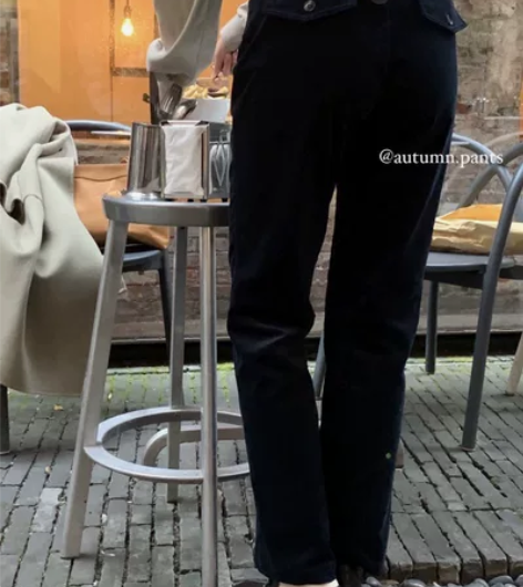 秋天君autumn 深咖色复古灯芯绒裤子女...