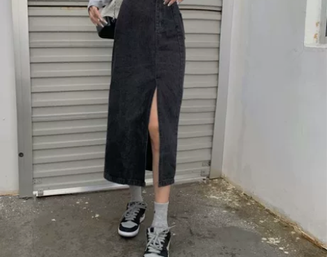 春夏女中长款直筒开叉港风设计感牛仔裙半身裙...
