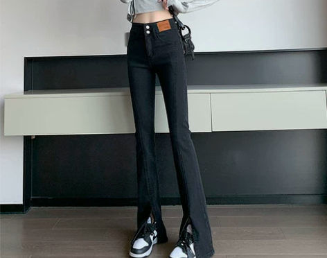 高腰加绒微喇开叉牛仔裤女2022春季新款美...