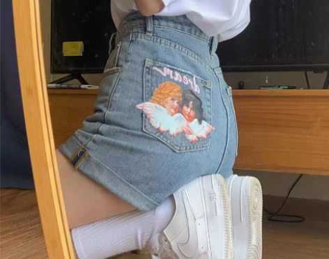 直筒牛仔短裤女高腰遮跨显瘦a字翻边显瘦热裤...