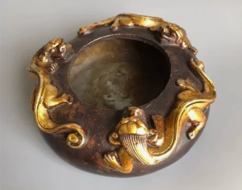 纯铜鎏金双龙笔洗工艺精美家居文房用品装饰摆...