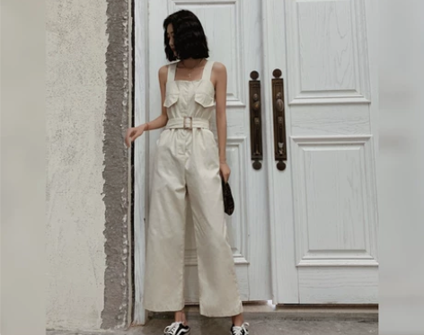 法式工装连体裤女夏2019显瘦裤子坠感阔腿...