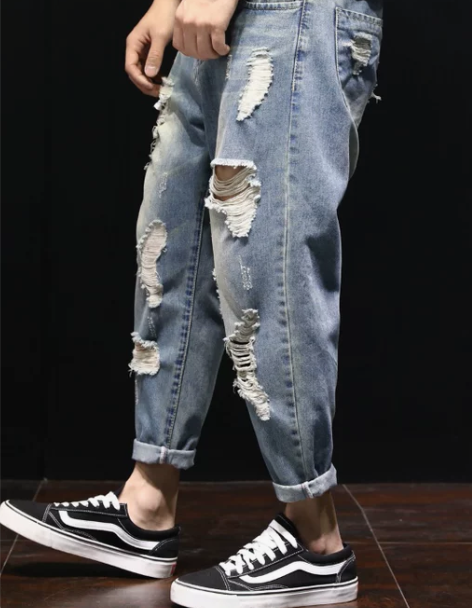 休闲裤破洞牛仔裤男宽松九分夏天薄款胖子潮牌...