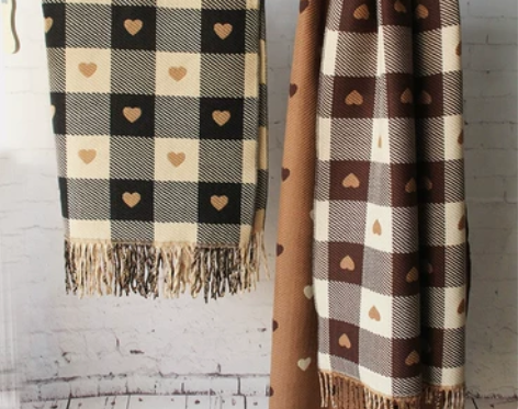 东大门韩版爱心格子围巾女双面仿羊绒2021...