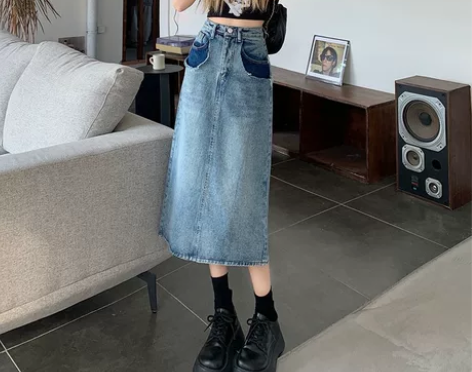 大码高腰设计感撞色开叉中长款A字裙女胖MM...