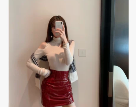 JOEY/两色！娇气妹妹真皮高腰a字裙收腰...