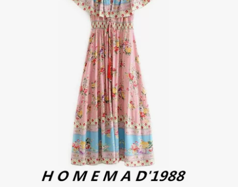 1988女装 飘逸印花度假大摆裙 波西米亚...