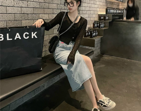妖六六毛边牛仔半身裙女夏季新款中长款设计感...