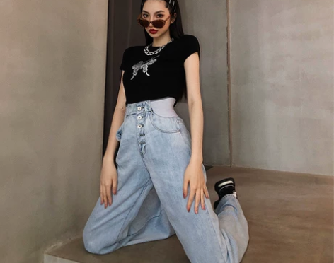 李婉君牛仔裤高腰显瘦女夏季薄款设计感橡筋阔...