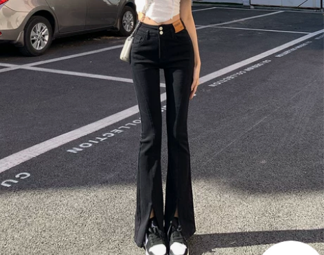 黑色开叉牛仔裤女春夏2022年新款高腰显瘦...