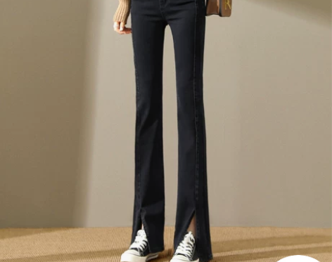 开叉微喇牛仔裤女2022年春秋新款黑色喇叭...