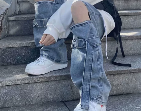 破洞牛仔长裤女夏港风宽松设计感拉链裤子显瘦...