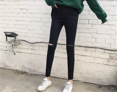 ?春装韩版弹力破洞牛仔裤高腰修身小脚裤 本...