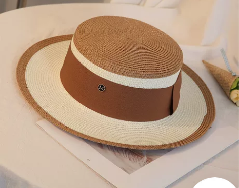 网红新款草帽女拼色时尚百搭沙滩遮阳帽平顶小...