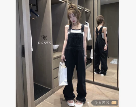 复古背带休闲裤女夏季2022新款薄款黑色直...