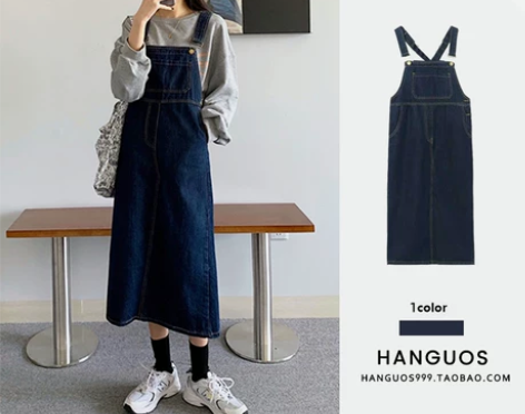 法式复古牛仔背带裙女秋冬过膝中长款小个子百...