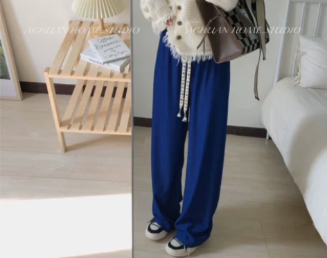 时髦洋气字母绑带松紧腰休闲韩版压褶休闲裤宽...