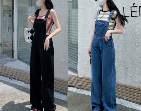 牛仔背带裤女春减龄连体裤拖地阔腿长裤
