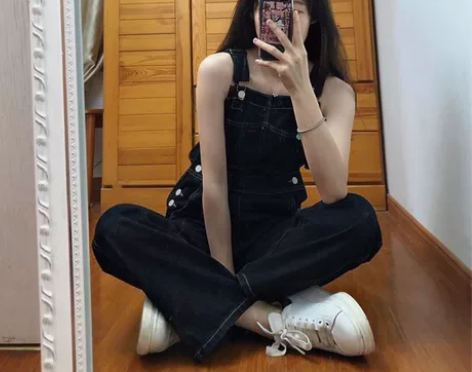 潮牌2022秋季盐系背带裤小个子高腰直筒宽...