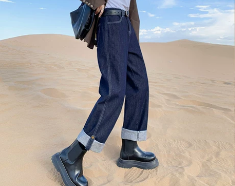 深蓝色直筒牛仔裤女春秋宽松阔腿2022新款...