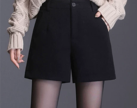 黑色毛呢短裤女秋冬外穿高腰冬季加厚宽松冬天...
