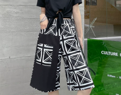 X裤子女2021新款秋黑色薄款宽松工装五分...