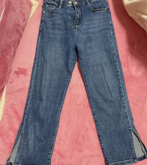 开叉牛仔裤女高腰显瘦2023年春款设计感松...