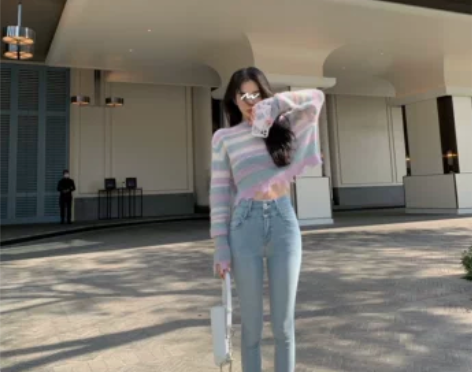 六一自制春季韩版高腰双排扣修身显瘦牛仔裤女...