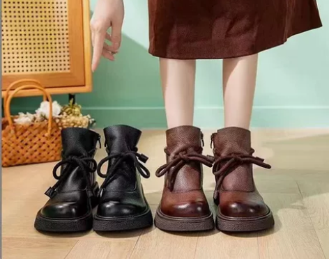 短靴女牛皮2022秋冬新款牛筋软底软底软面...