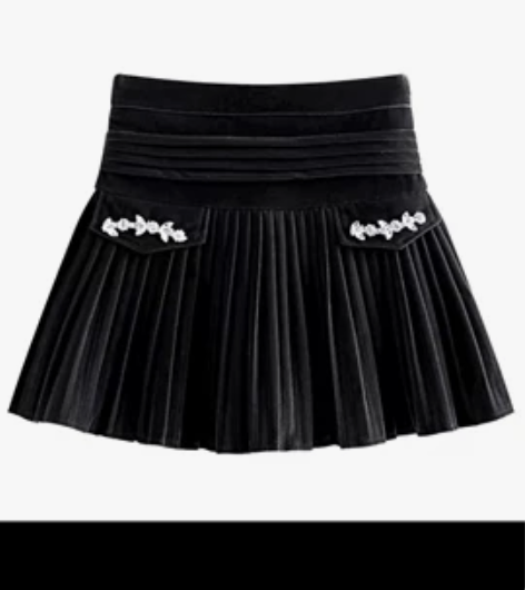 轻奢风秋冬黑色丝绒高腰百褶裙，几乎全新 M...