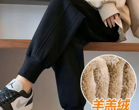 初中学生加绒卫裤女秋冬高腰束脚大童运动裤一...