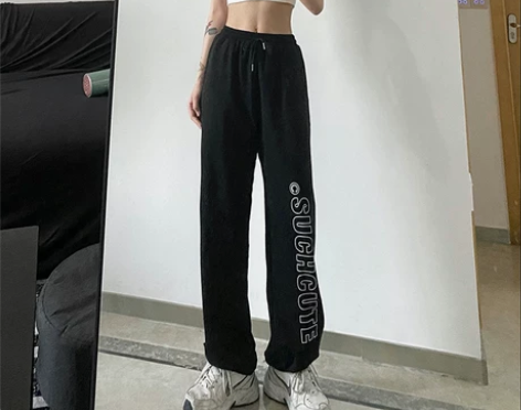 WEEKEEP 黑色字母印花高腰绑带运动休...